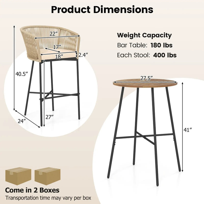 3 Pieces Rope Woven Patio Bar Set with Soft Cushions and Acacia Wood Tabletop-Beige by DirectDeals