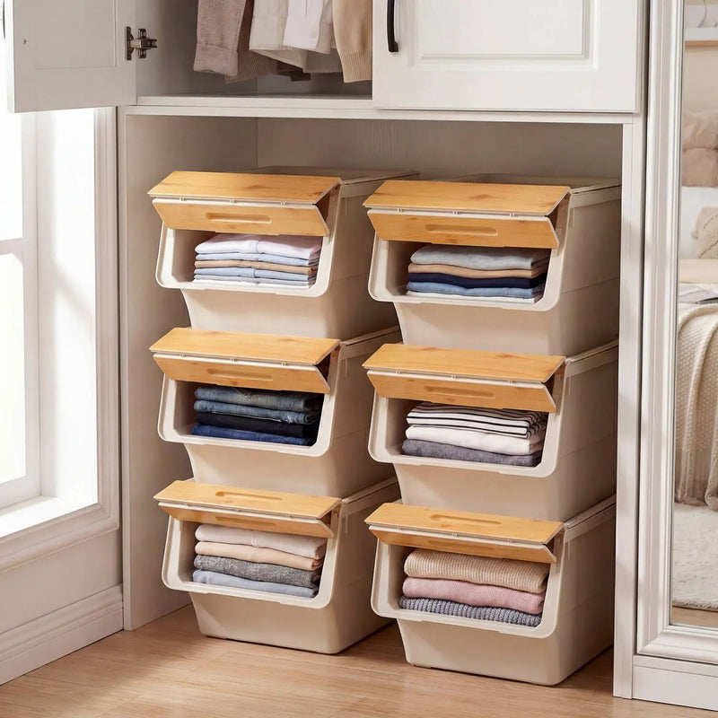 3 Pieces Storage Bins on Wheels Stackable Plastic Boxes with Stay-Open Lid (M) by DirectDeals