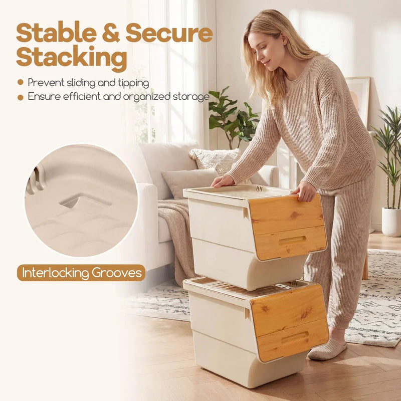 3 Pieces Storage Bins on Wheels Stackable Plastic Boxes with Stay-Open Lid (M) by DirectDeals