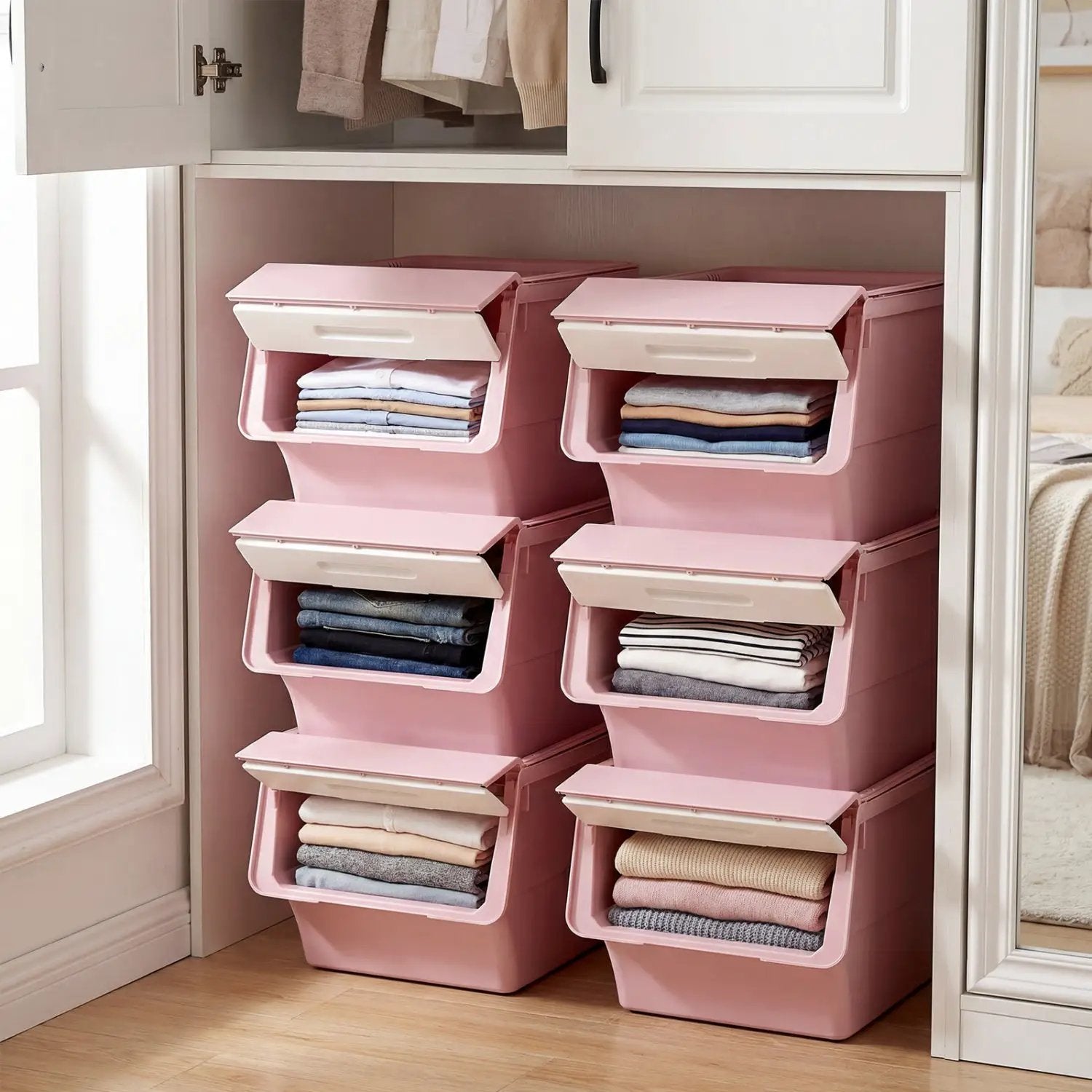 3 Pieces Storage Bins on Wheels Stackable Plastic Boxes with Stay-Open Lid (M) by DirectDeals