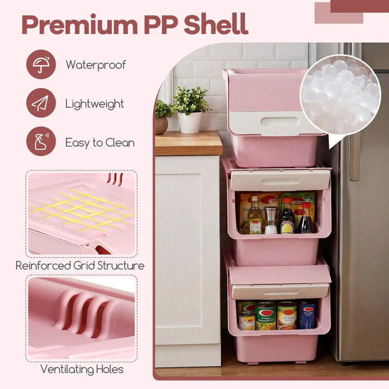 3 Pieces Storage Bins on Wheels Stackable Plastic Boxes with Stay-Open Lid (M) by DirectDeals