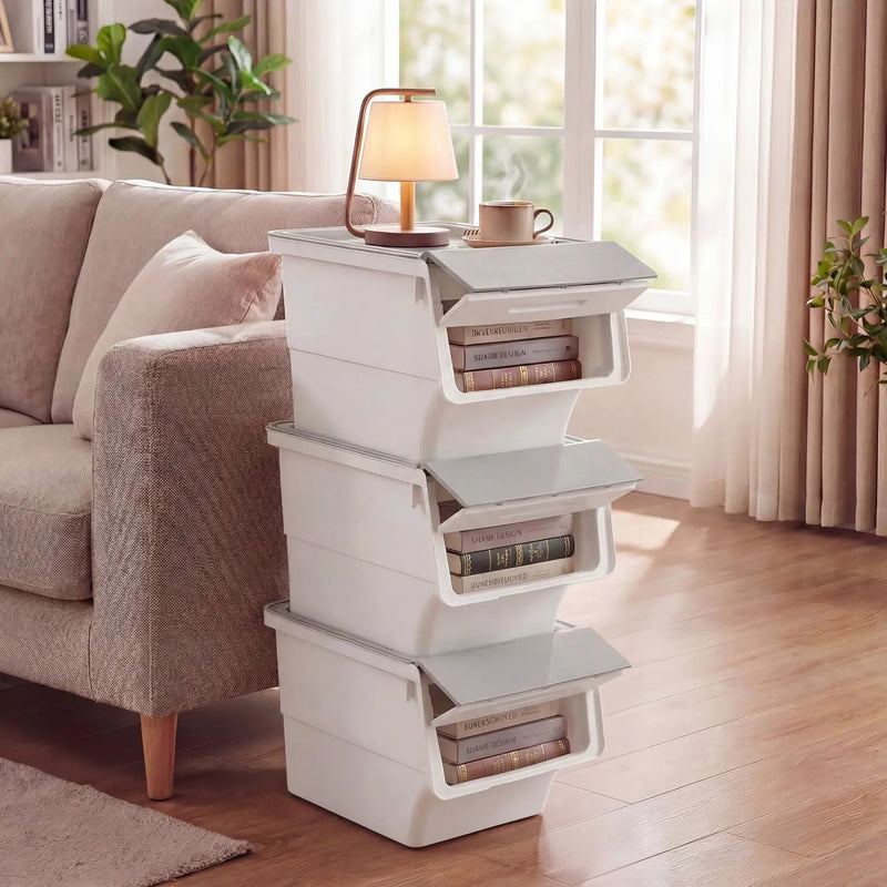 3 Pieces Storage Bins on Wheels Stackable Plastic Boxes with Stay-Open Lid (M) by DirectDeals