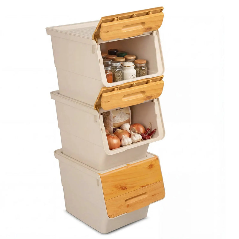3 Pieces Storage Bins on Wheels Stackable Plastic Boxes with Stay-Open Lid (S) by DirectDeals