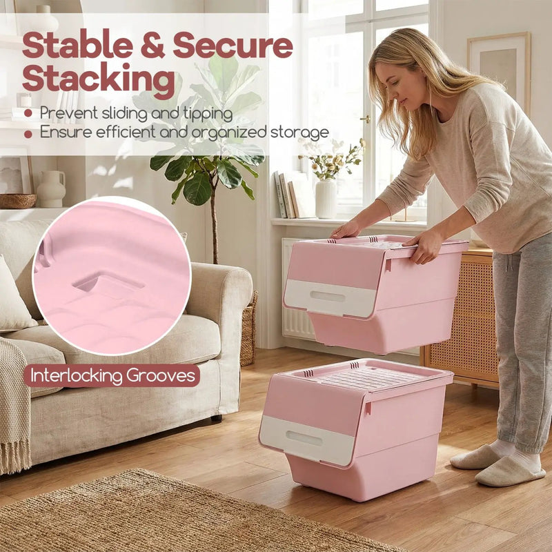 3 Pieces Storage Bins on Wheels Stackable Plastic Boxes with Stay-Open Lid (S) by DirectDeals