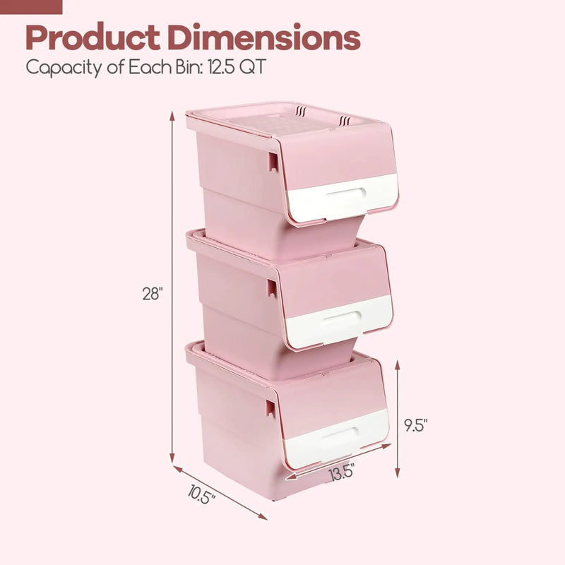 3 Pieces Storage Bins on Wheels Stackable Plastic Boxes with Stay-Open Lid (S) by DirectDeals