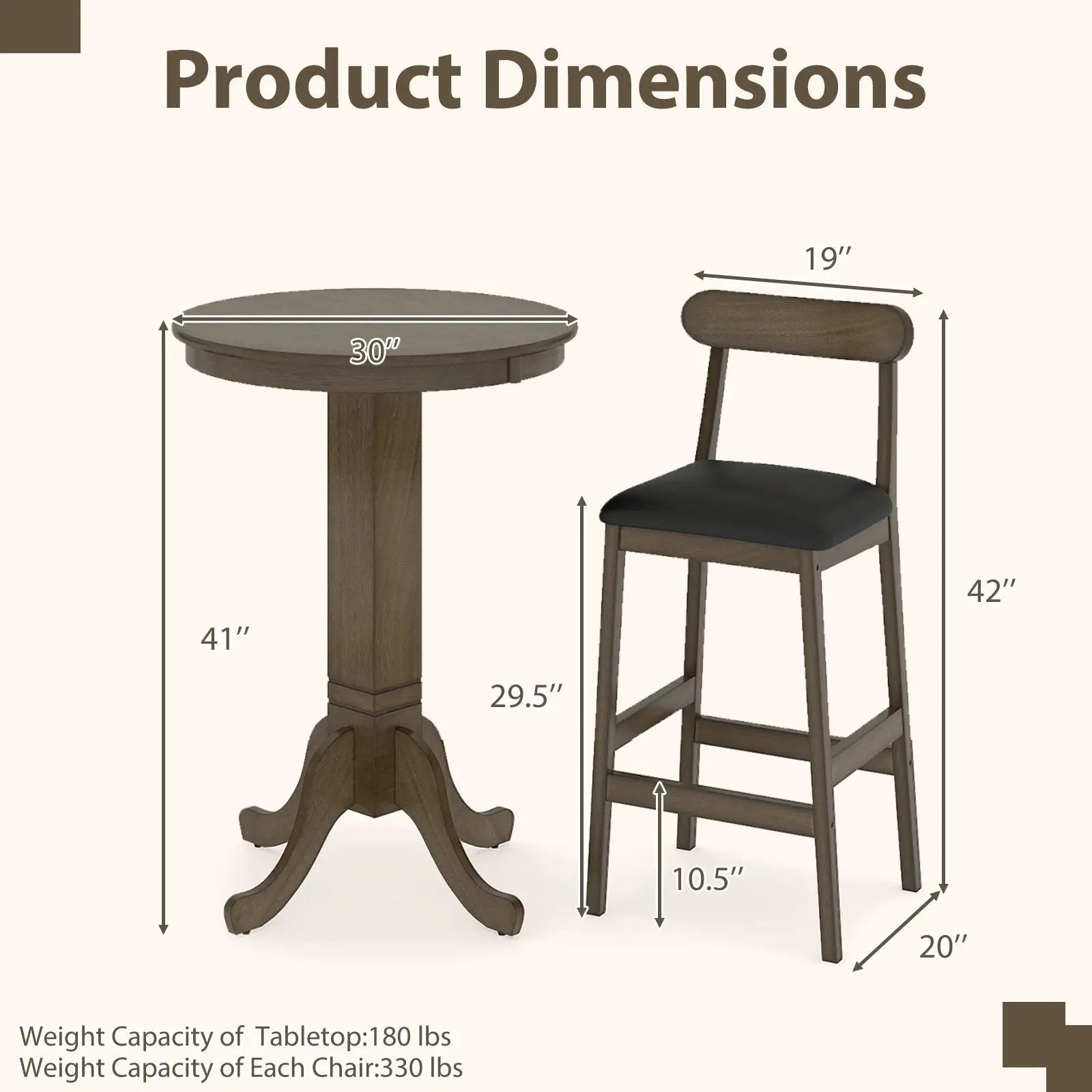 3 Pieces Wood Bar Table Set for 2 Round Pub Table with Pedestal Base and 2 Armless Stools by DirectDeals