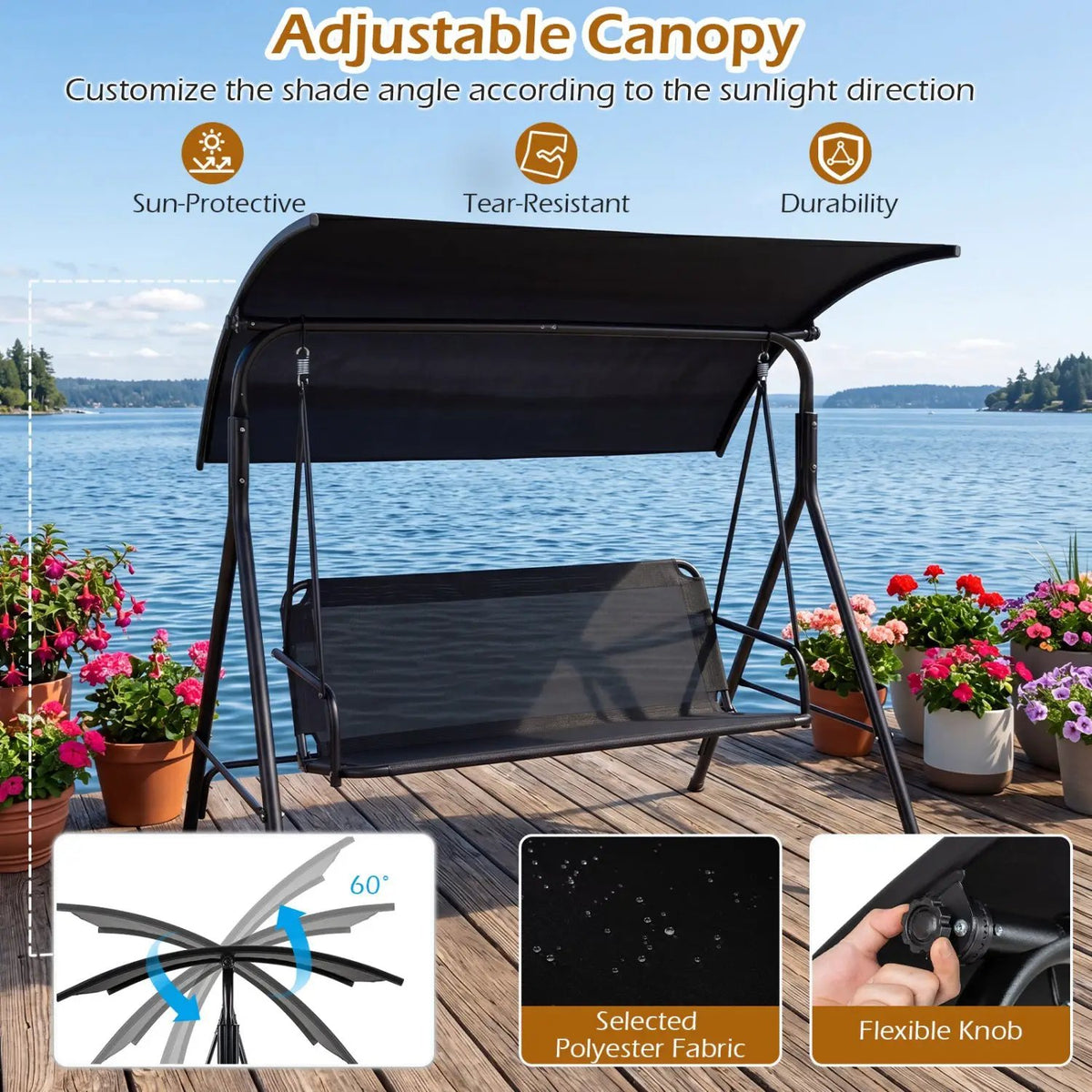 3-Seat Patio Swing Chair with Adjustable Canopy - 800 lbs, photo 5 of 16