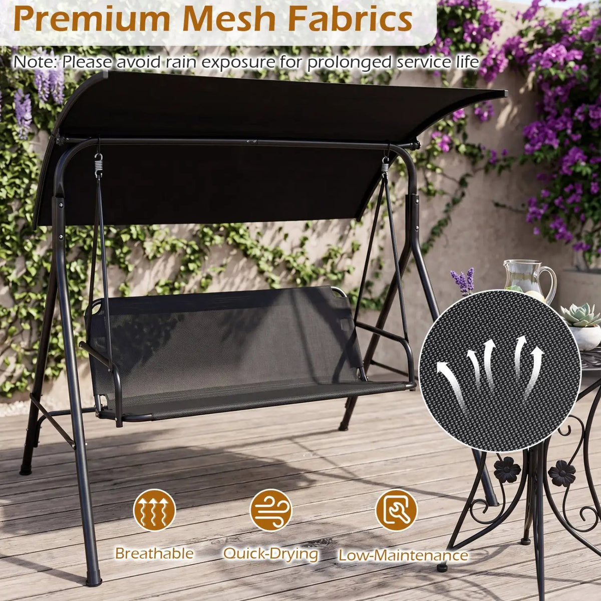 3-Seat Patio Swing Chair with Adjustable Canopy - 800 lbs, photo 6 of 16
