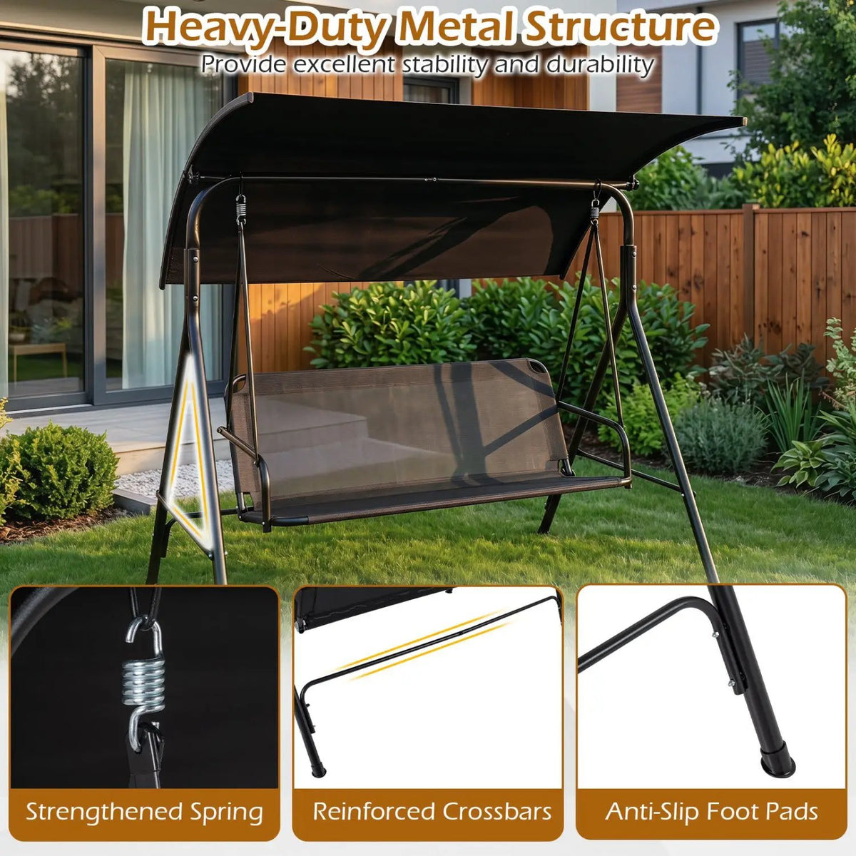 3-Seat Patio Swing Chair with Adjustable Canopy - 800 lbs, photo 8 of 16