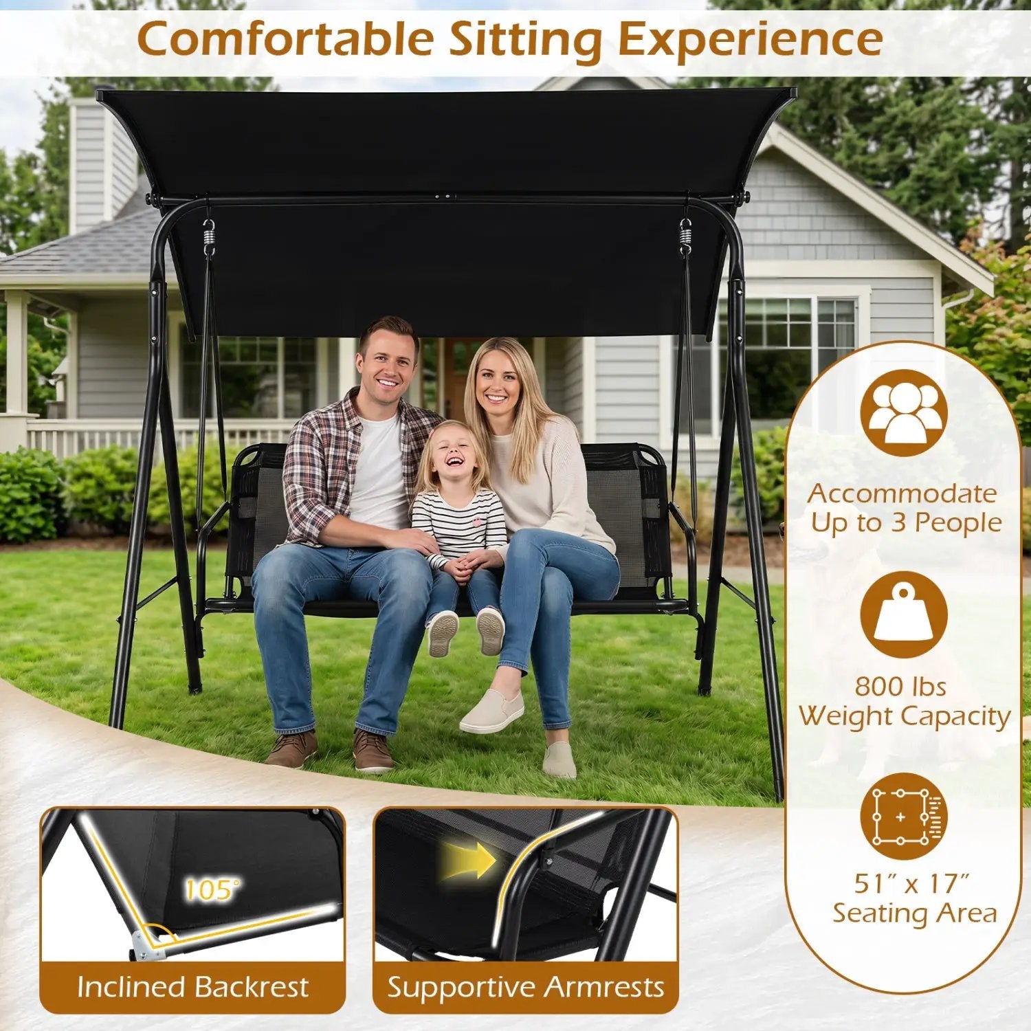 3-Seat Patio Swing Chair with Adjustable Canopy - 800 lbs by DirectDeals