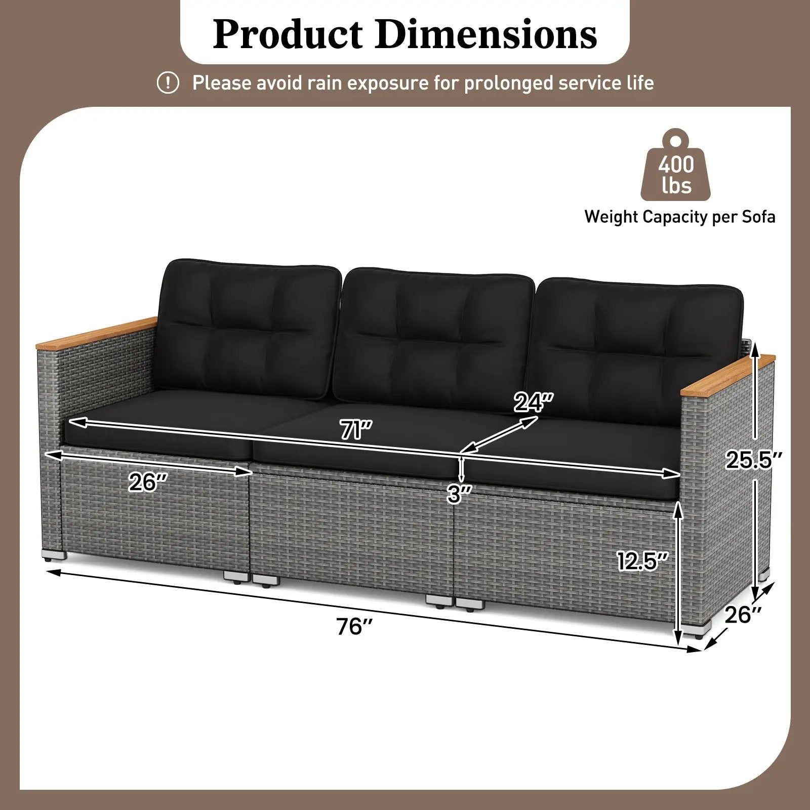 3-Seat Patio Couch Sofa PE Rattan Loveseat Furniture Set with Deep Seating and Cushion-Mix Grey by DirectDeals