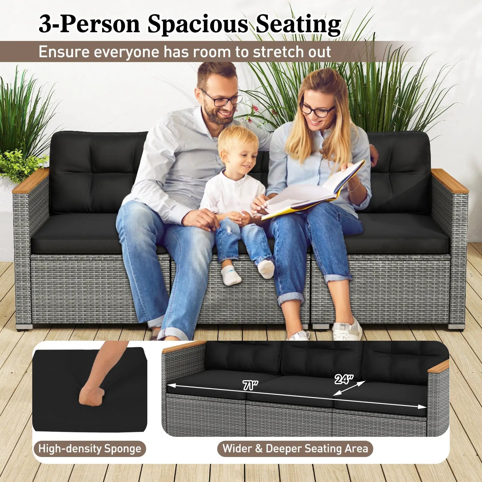 3-Seat Patio Couch Sofa PE Rattan Loveseat Furniture Set with Deep Seating and Cushion-Mix Grey by DirectDeals