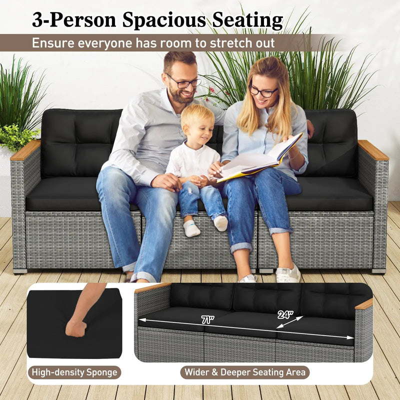 3-Seat Patio Couch Sofa PE Rattan Loveseat Furniture Set with Deep Seating and Cushion-Mix Grey by DirectDeals