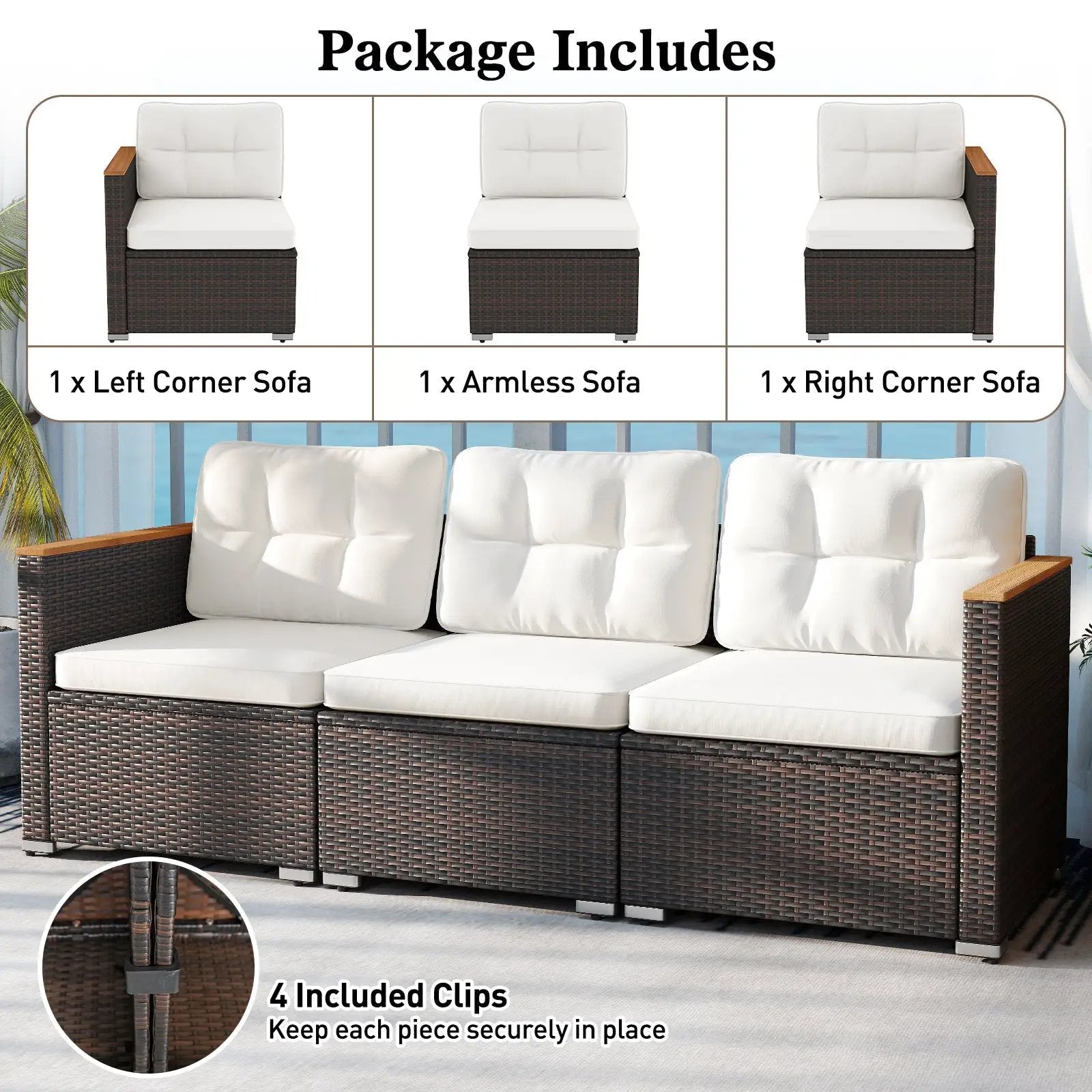 3-Seat Patio Couch Sofa with Deep Seating and Cushion-White by DirectDeals