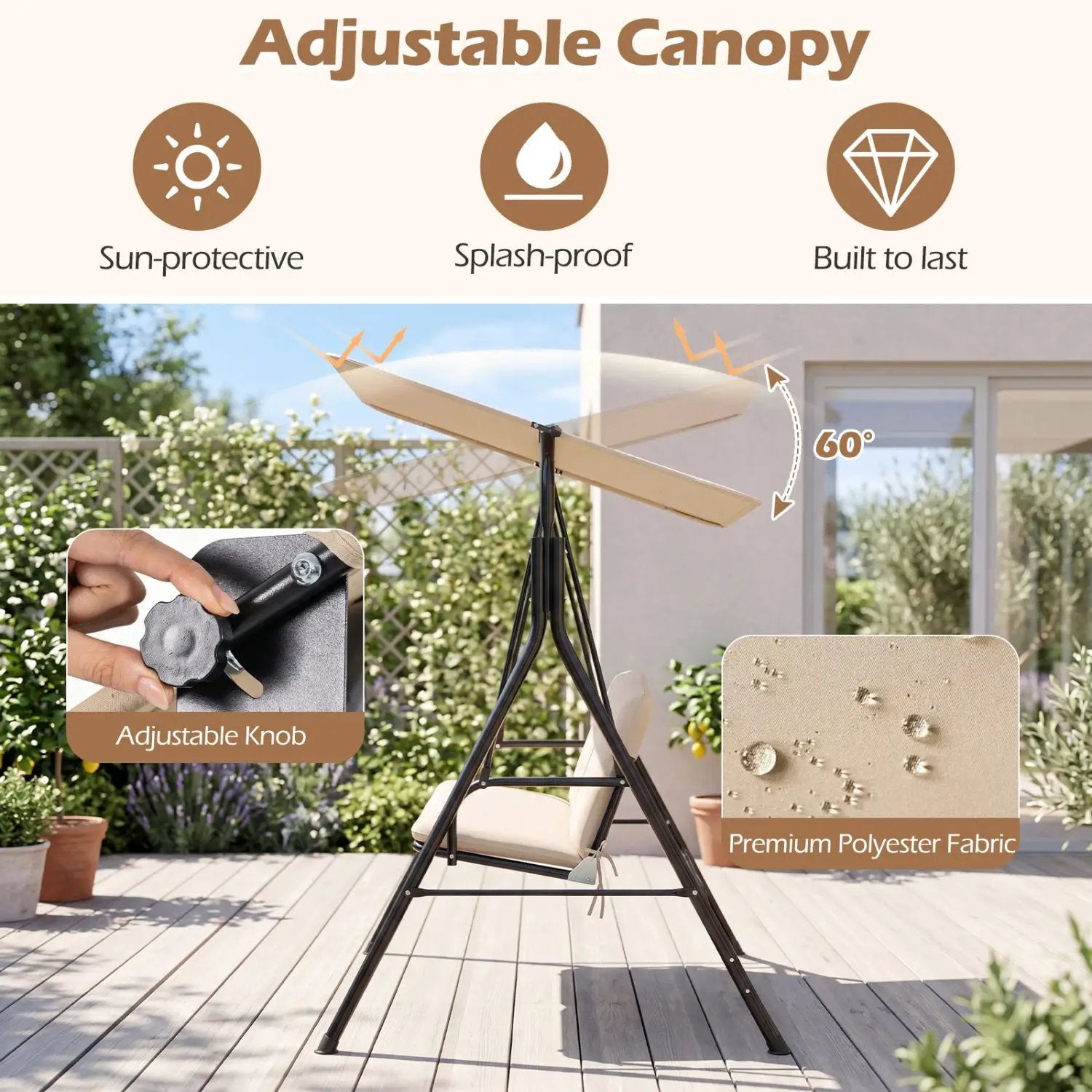 3-Seat Patio Swing Chair with Adjustable Canopy by DirectDeals
