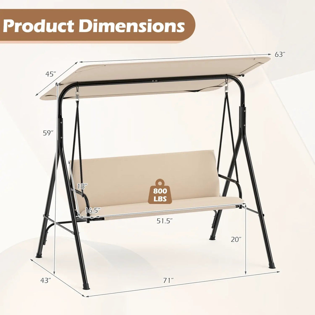 3-Seat Patio Swing Chair with Adjustable Canopy, photo 20 of 24