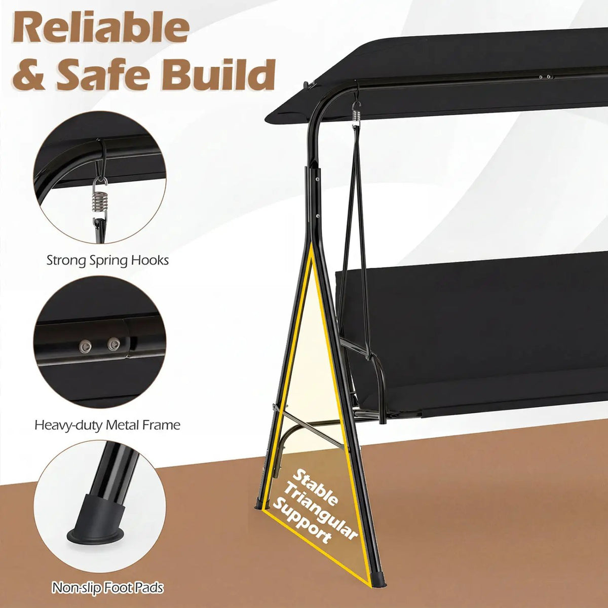 3-Seat Patio Swing Chair with Adjustable Canopy, photo 16 of 24