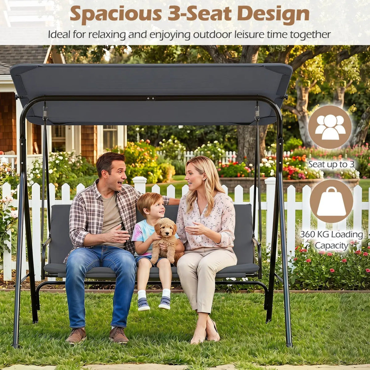 3-Seat Patio Swing Chair with Adjustable Canopy, photo 5 of 24