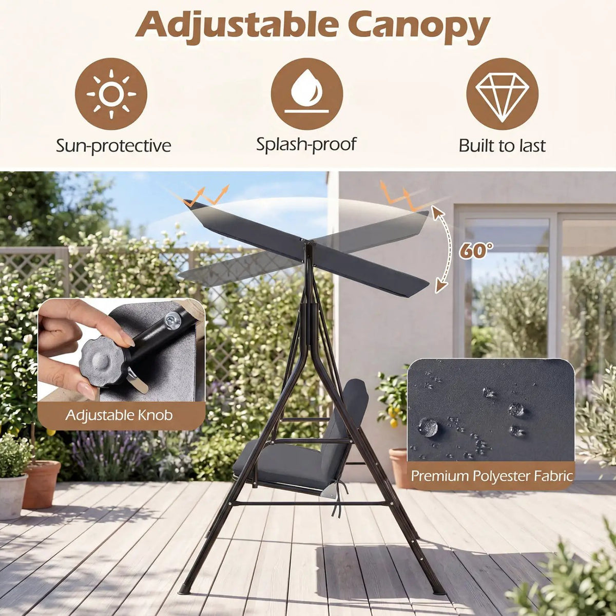 3-Seat Patio Swing Chair with Adjustable Canopy, photo 7 of 24
