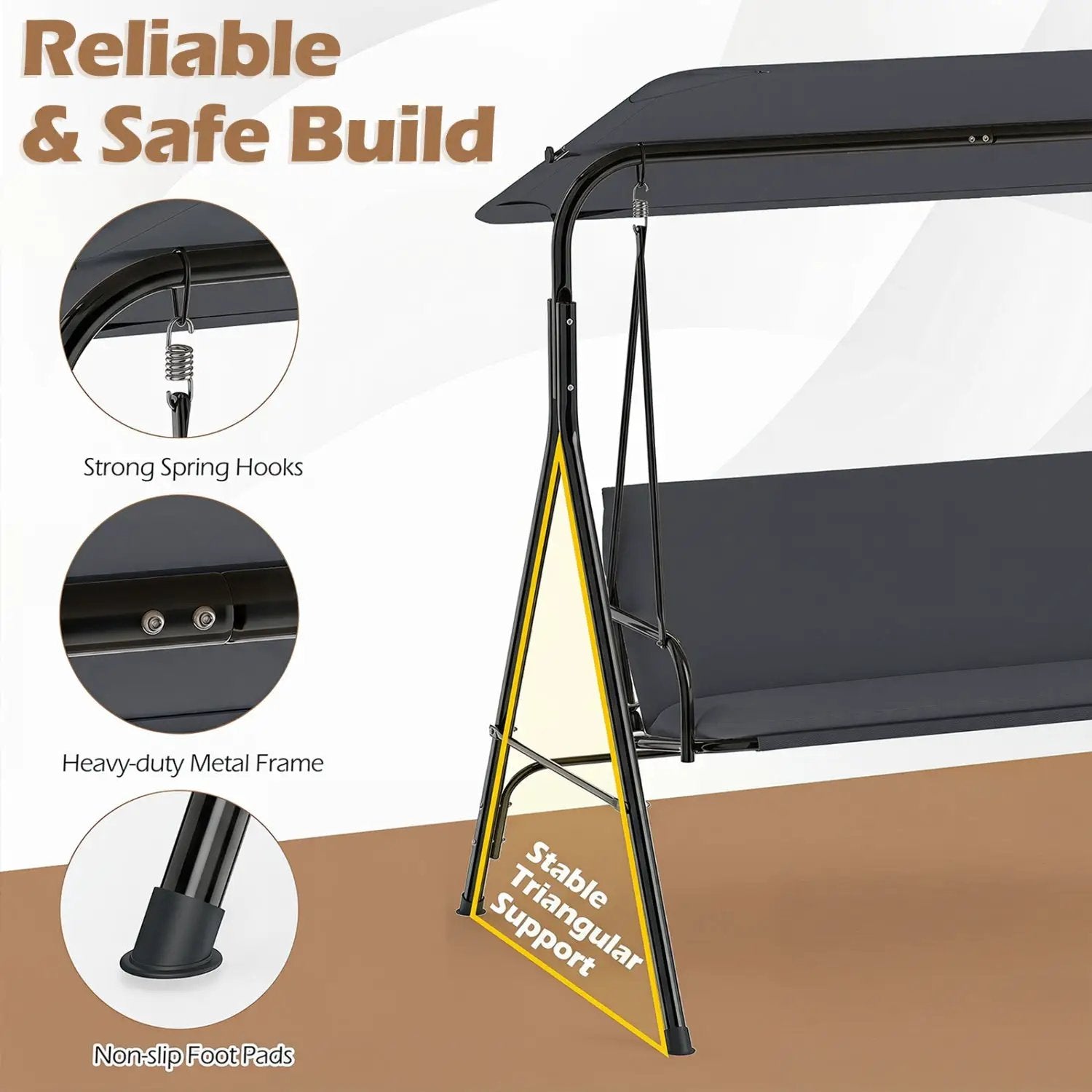 3-Seat Patio Swing Chair with Adjustable Canopy by DirectDeals