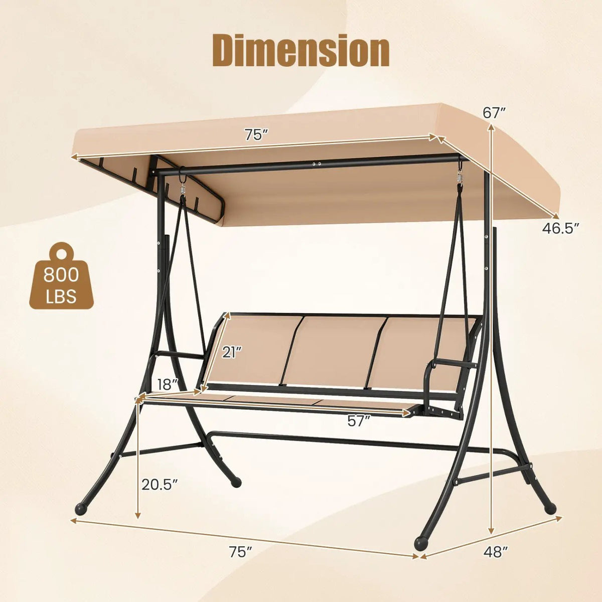 3-Seat Patio Swing Chair with Adjustable Canopy, photo 13 of 16