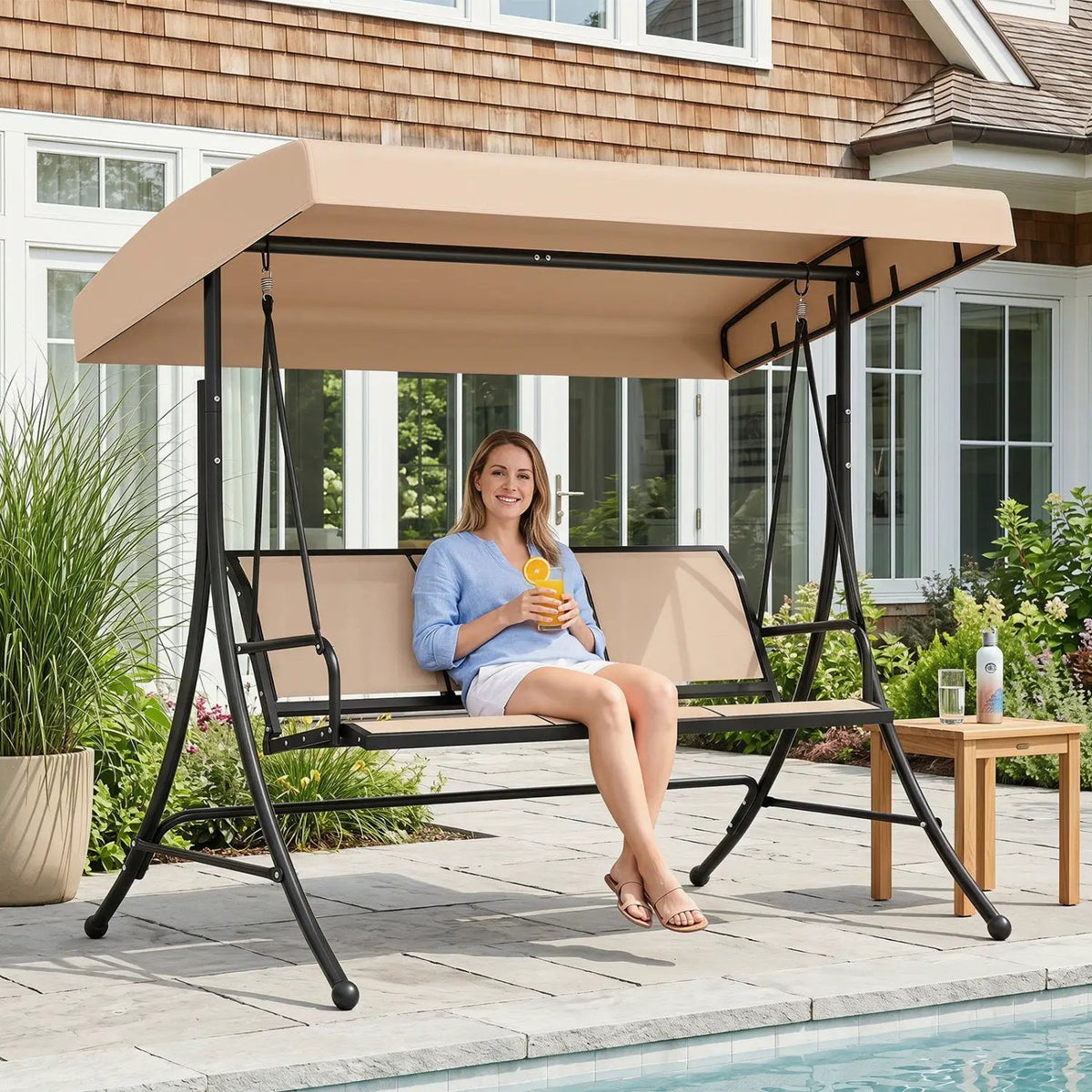 3-Seat Patio Swing Chair with Adjustable Canopy, photo 2 of 16