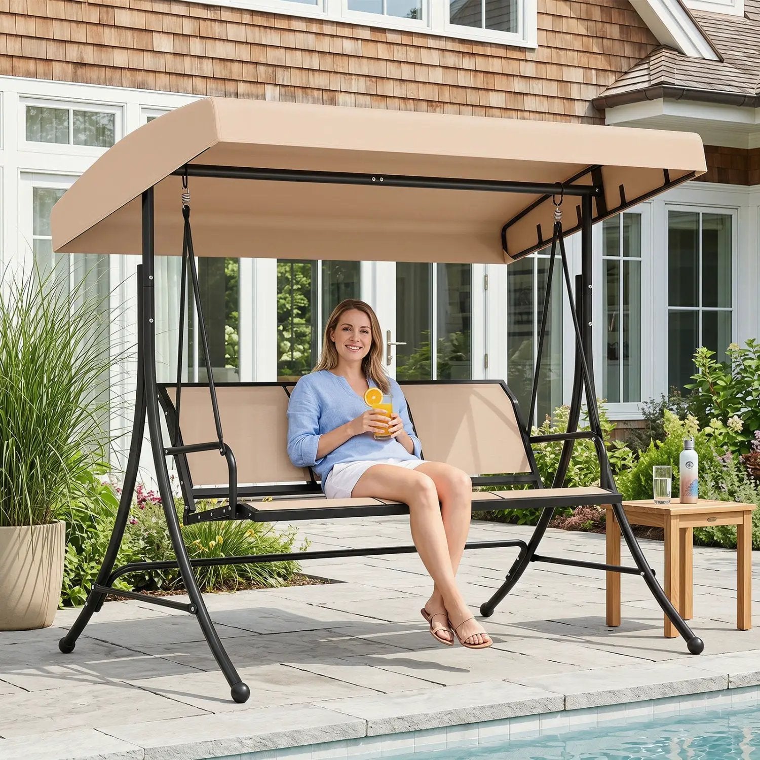 3-Seat Patio Swing Chair with Adjustable Canopy by DirectDeals