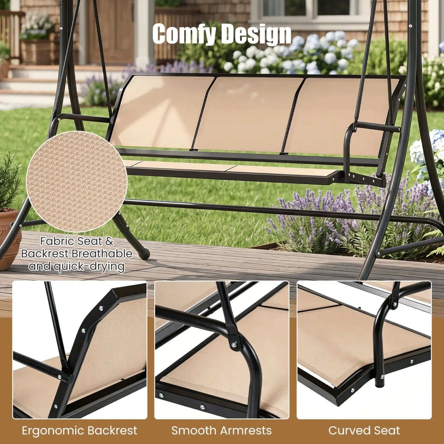 3-Seat Patio Swing Chair with Adjustable Canopy by DirectDeals
