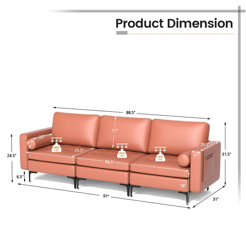 3-Seat Modular Sofa with Storage Pocket and Metal Legs by DirectDeals