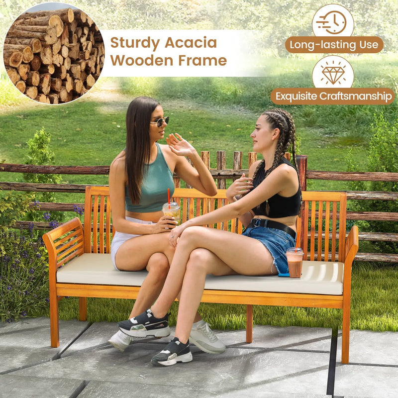 62.5 Inches Patio 3-Seat Wood Bench with Soft Seat Cushions-White by DirectDeals