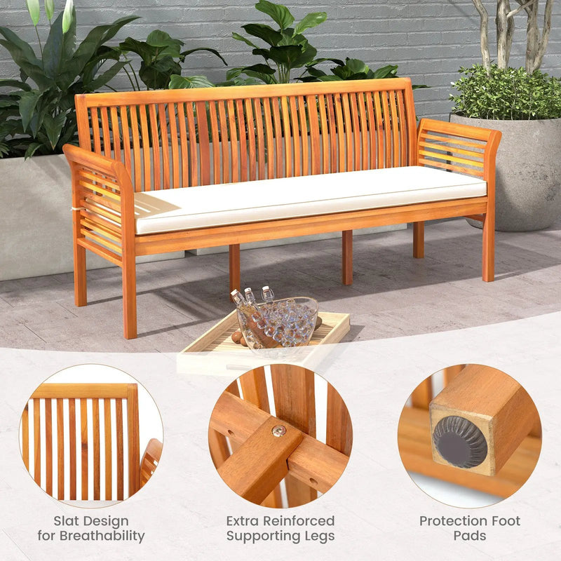 62.5 Inches Patio 3-Seat Wood Bench with Soft Seat Cushions-White by DirectDeals