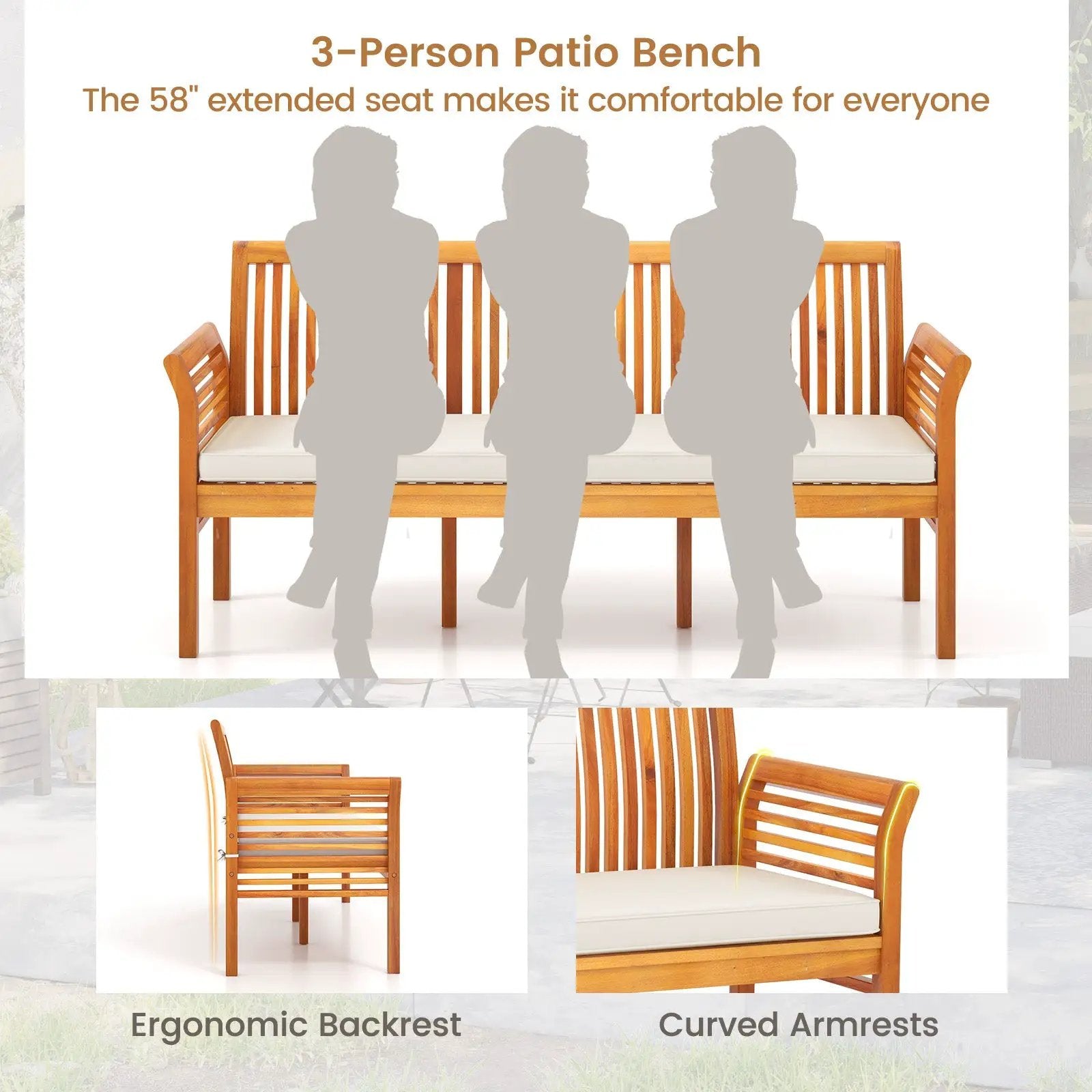 62.5 Inches Patio 3-Seat Wood Bench with Soft Seat Cushions-White by DirectDeals