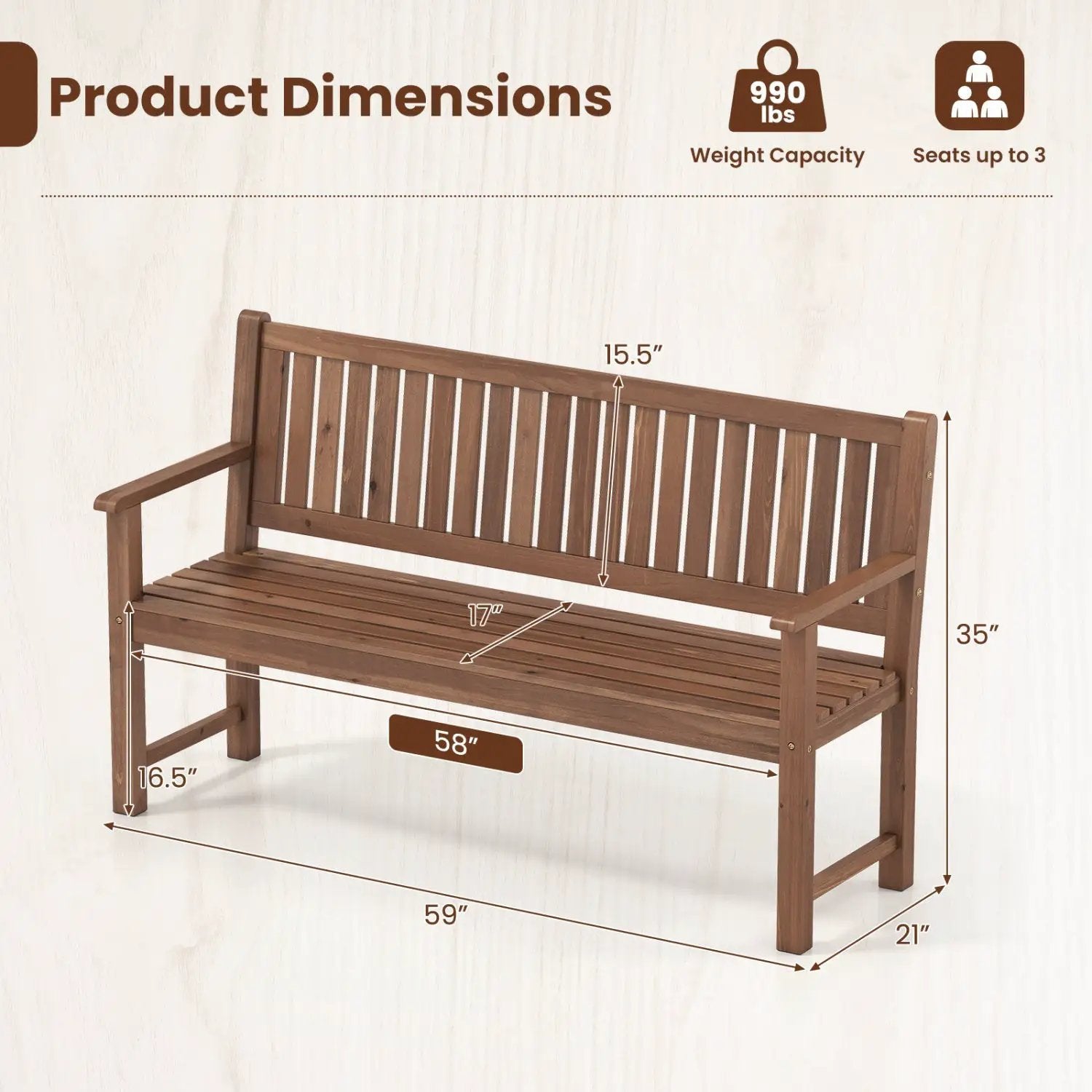 3-Seater Wooden Garden Bench with Backrest, 59 Inch by DirectDeals