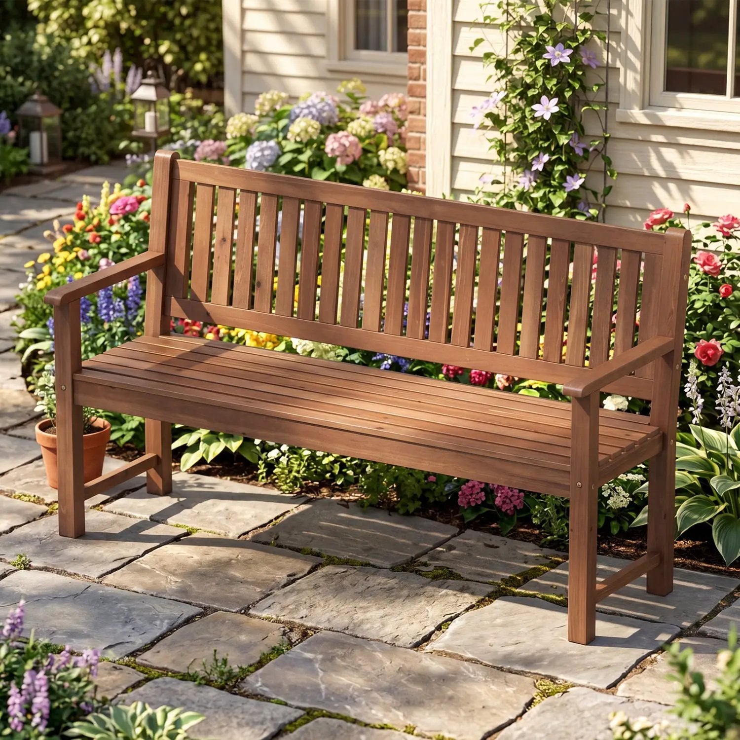 3-Seater Wooden Garden Bench with Backrest, 59 Inch by DirectDeals