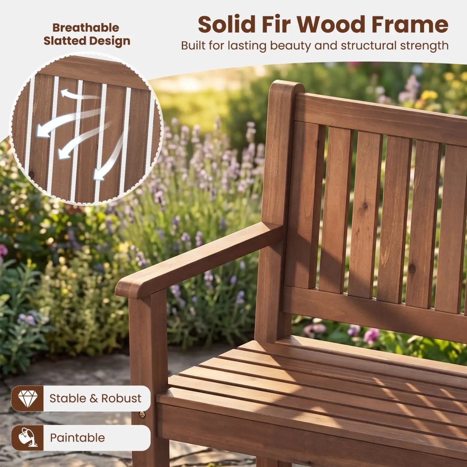 3-Seater Wooden Garden Bench with Backrest, 59 Inch by DirectDeals