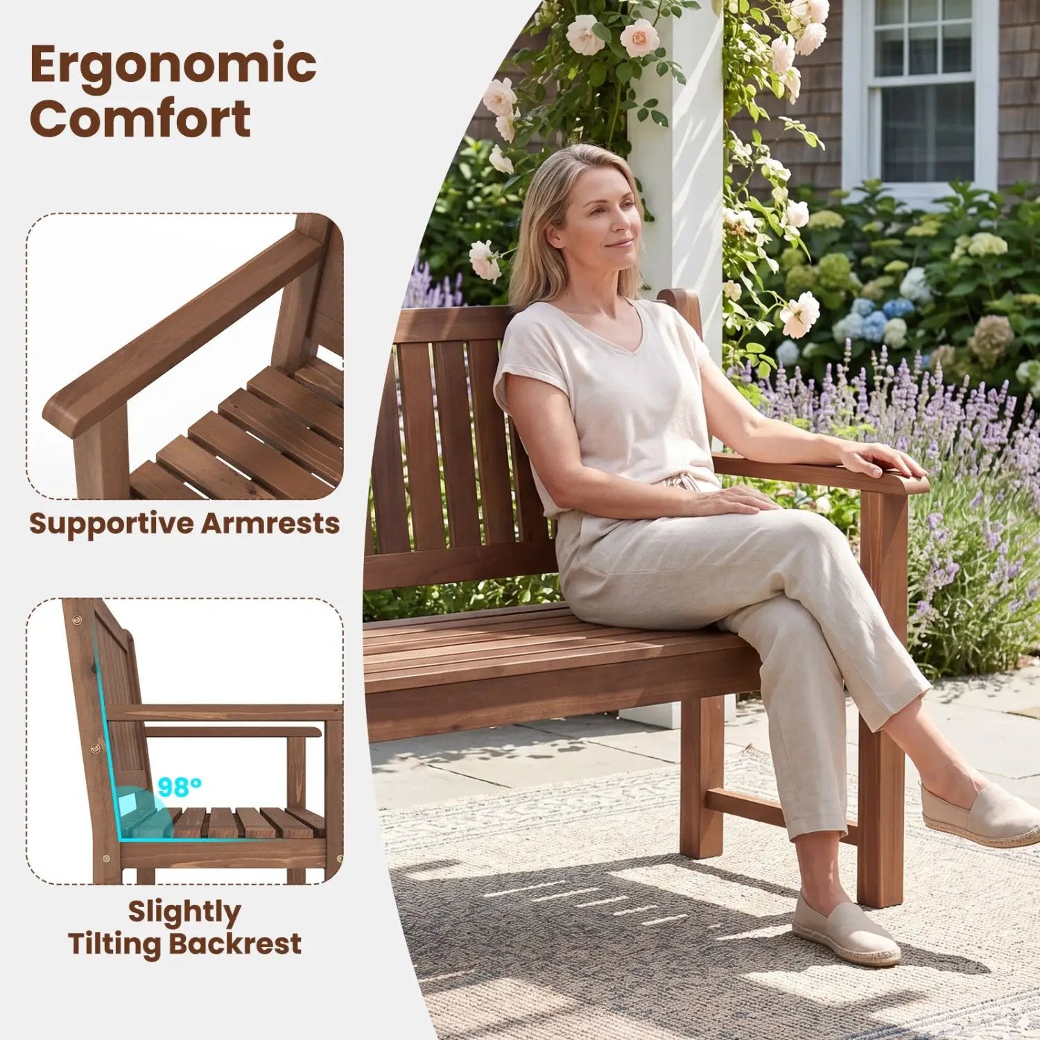 3-Seater Wooden Garden Bench with Backrest, 59 Inch by DirectDeals