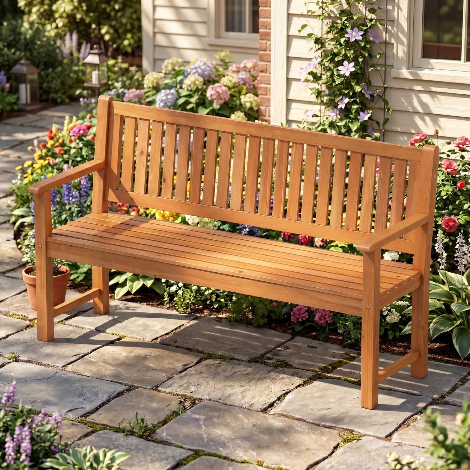 3-Seater Wooden Garden Bench with Backrest, 59 Inch by DirectDeals