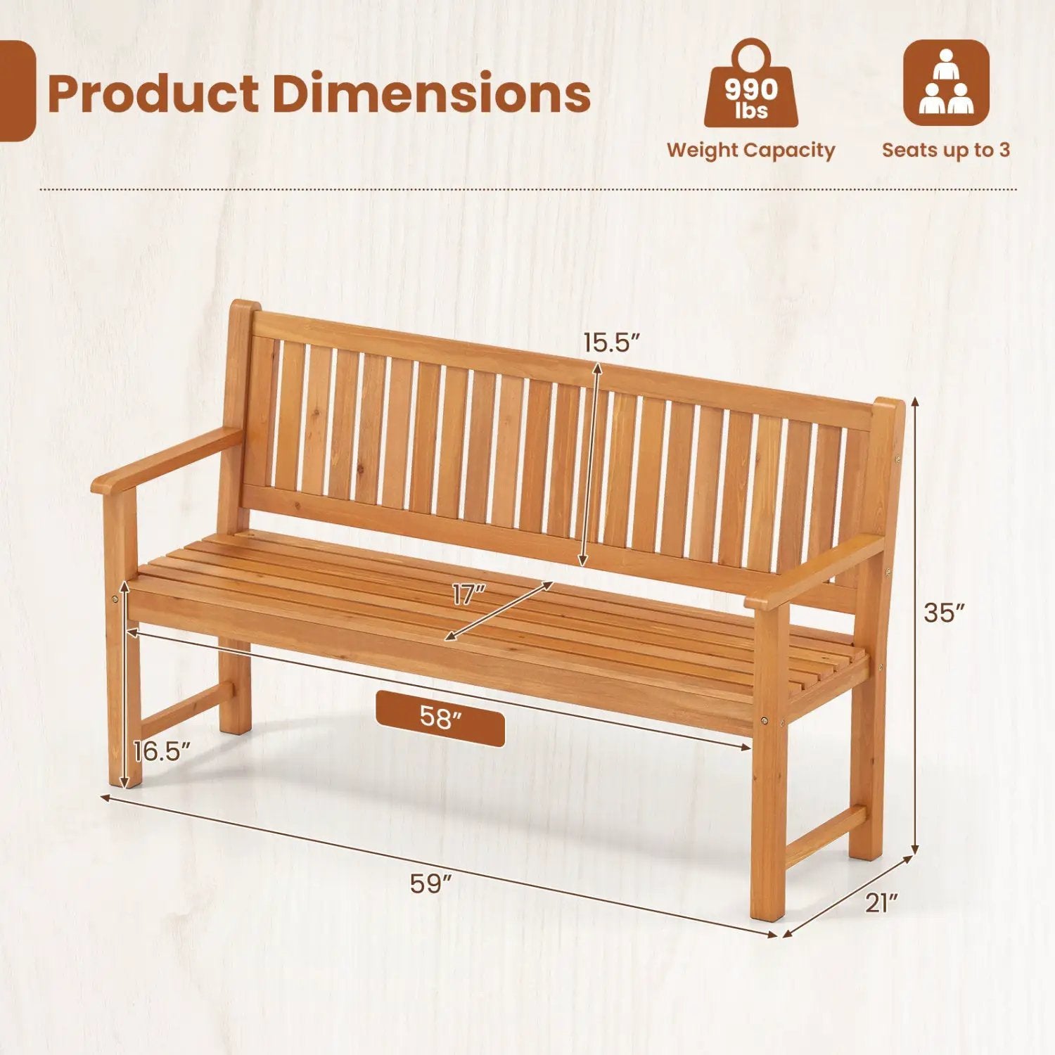 3-Seater Wooden Garden Bench with Backrest, 59 Inch by DirectDeals