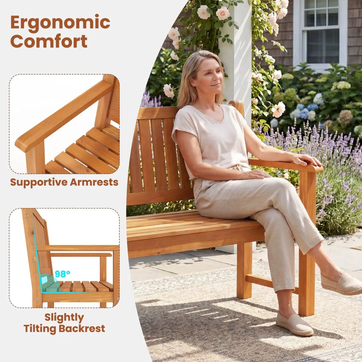 3-Seater Wooden Garden Bench with Backrest, 59 Inch by DirectDeals