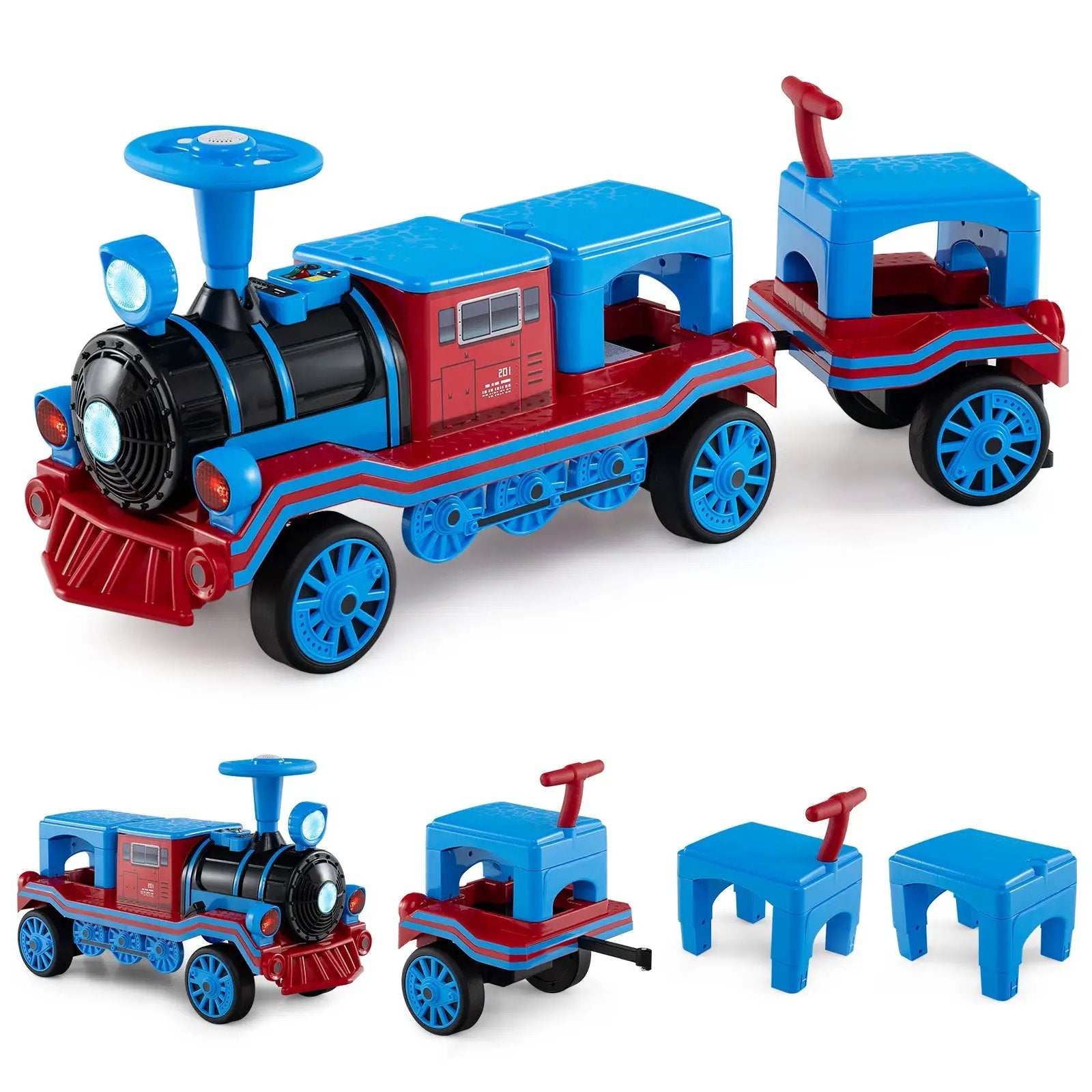 3-Seater Trackless Ride on Train Set 12V Ride on Toy Car with 2 Removable Chairs by DirectDeals