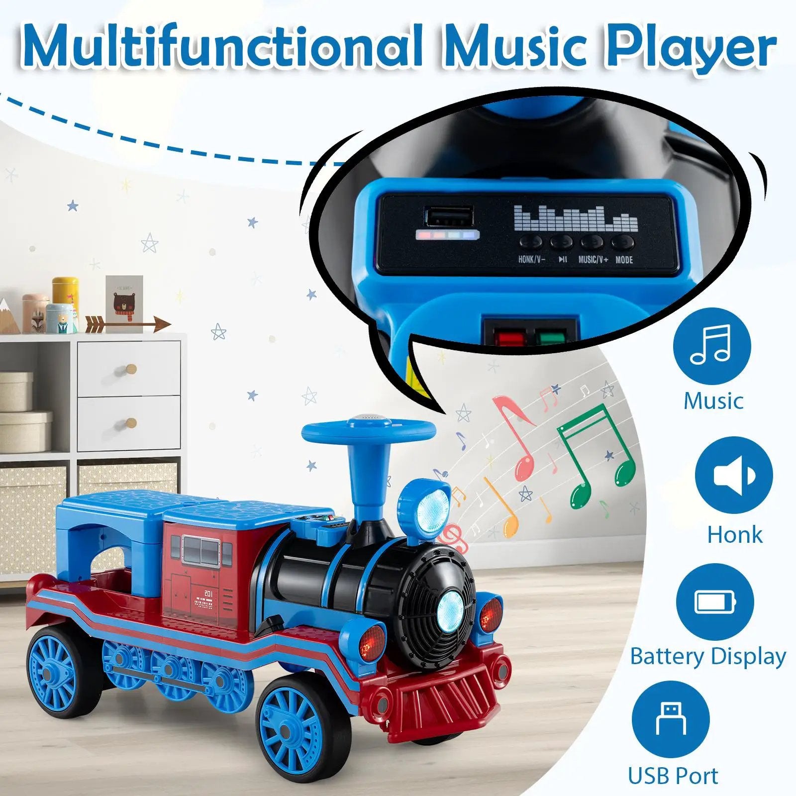 3-Seater Trackless Ride on Train Set 12V Ride on Toy Car with 2 Removable Chairs by DirectDeals