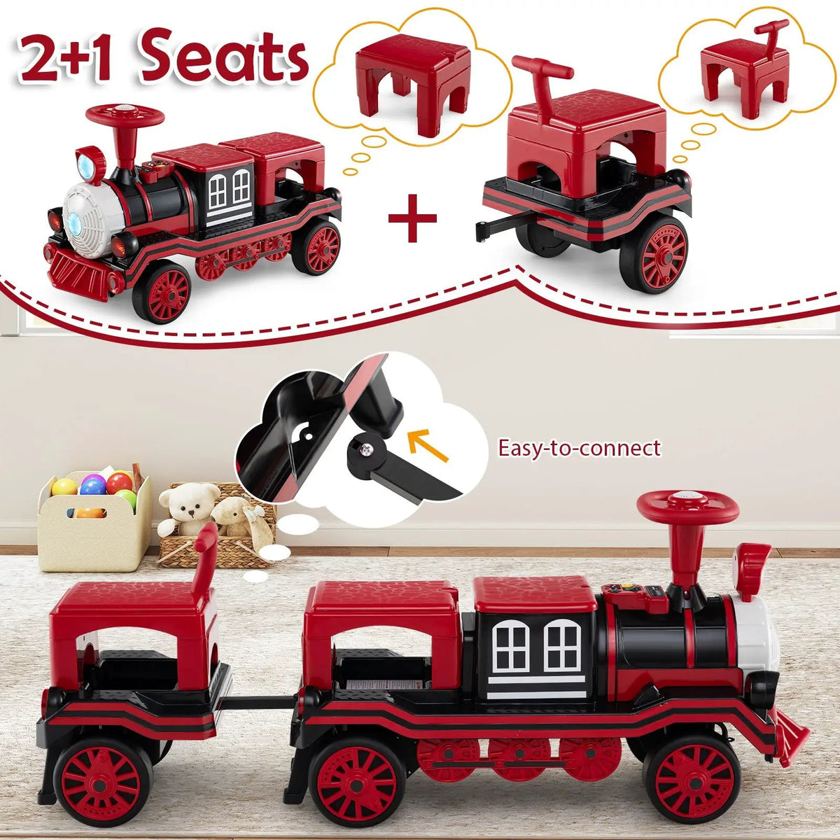 3-Seater Trackless Ride on Train Set 12V Ride on Toy Car with 2 Removable Chairs, photo 13 of 16