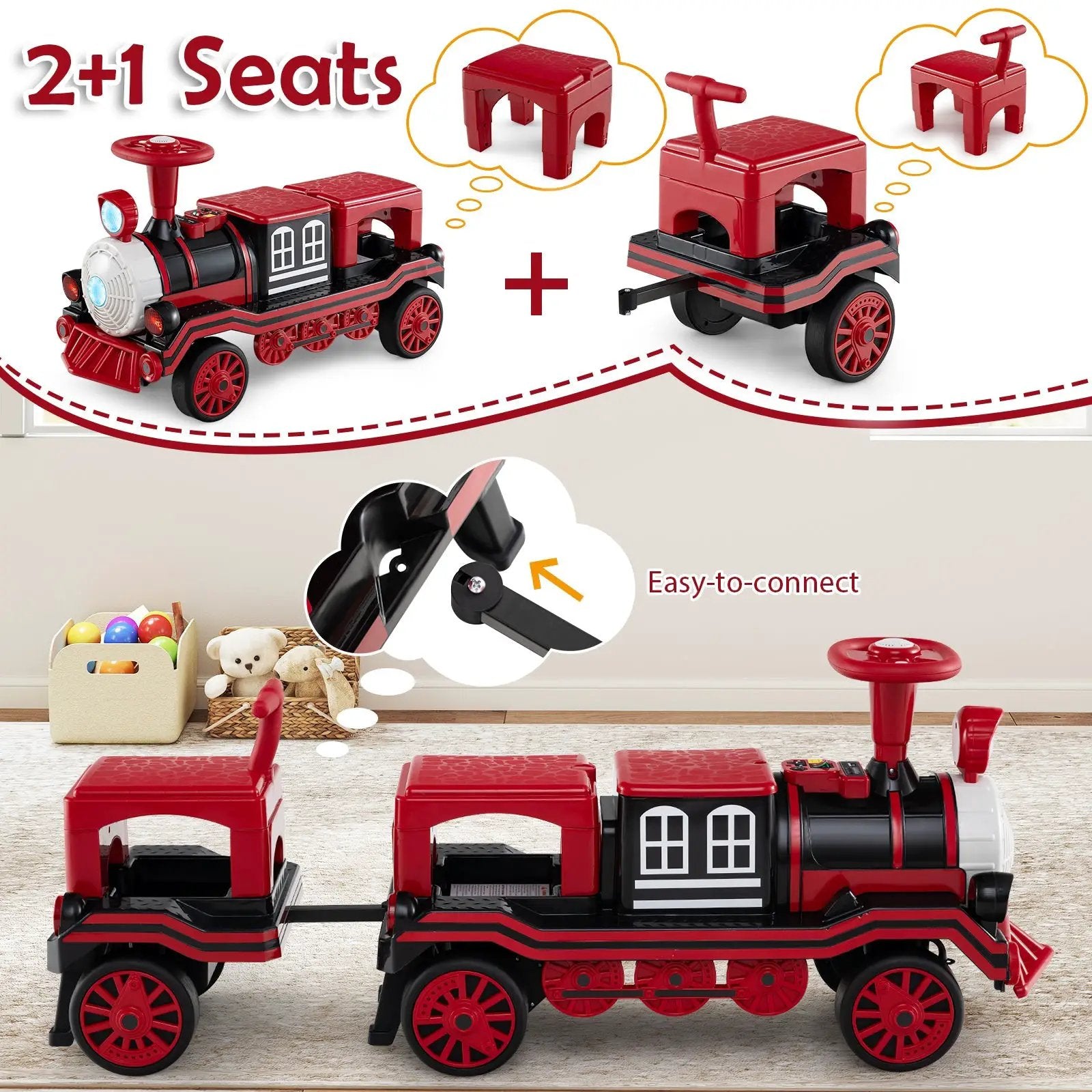 3-Seater Trackless Ride on Train Set 12V Ride on Toy Car with 2 Removable Chairs by DirectDeals