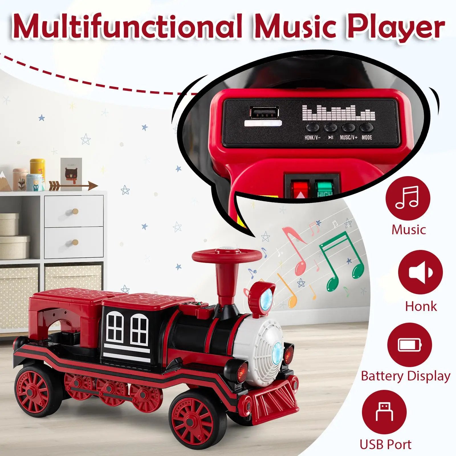 3-Seater Trackless Ride on Train Set 12V Ride on Toy Car with 2 Removable Chairs by DirectDeals