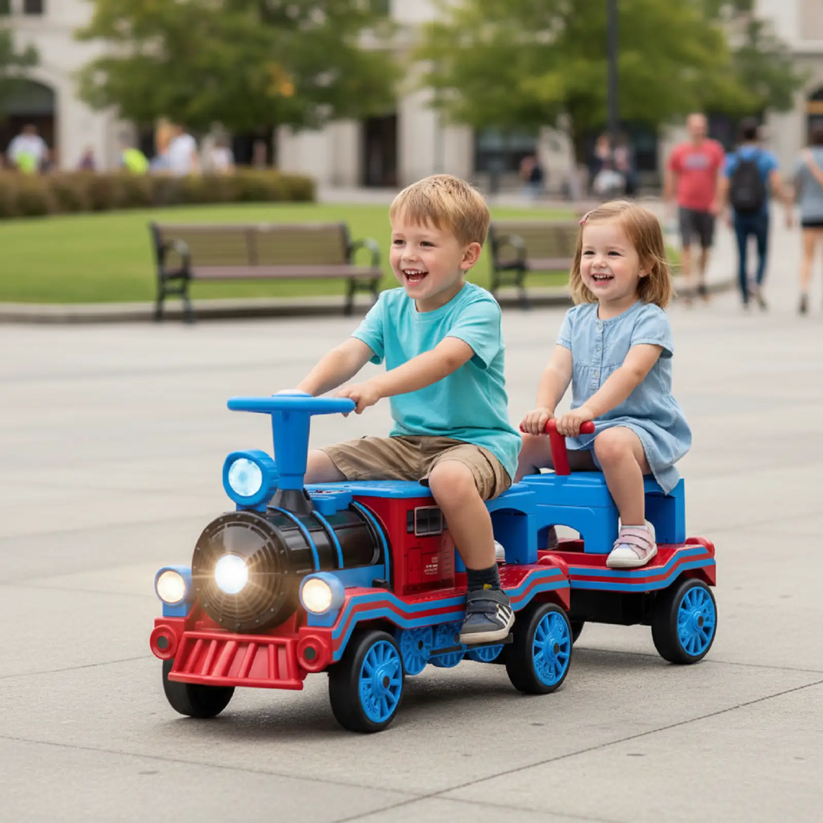 3-Seater Trackless Ride on Train Set 12V Ride on Toy Car with 2 Removable Chairs by DirectDeals