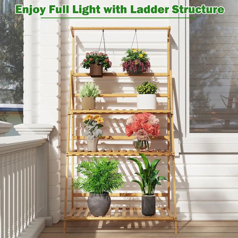 3 Tier Bamboo Hanging Plant Stand with Height Adjustable Hanger Rod-Natural by DirectDeals