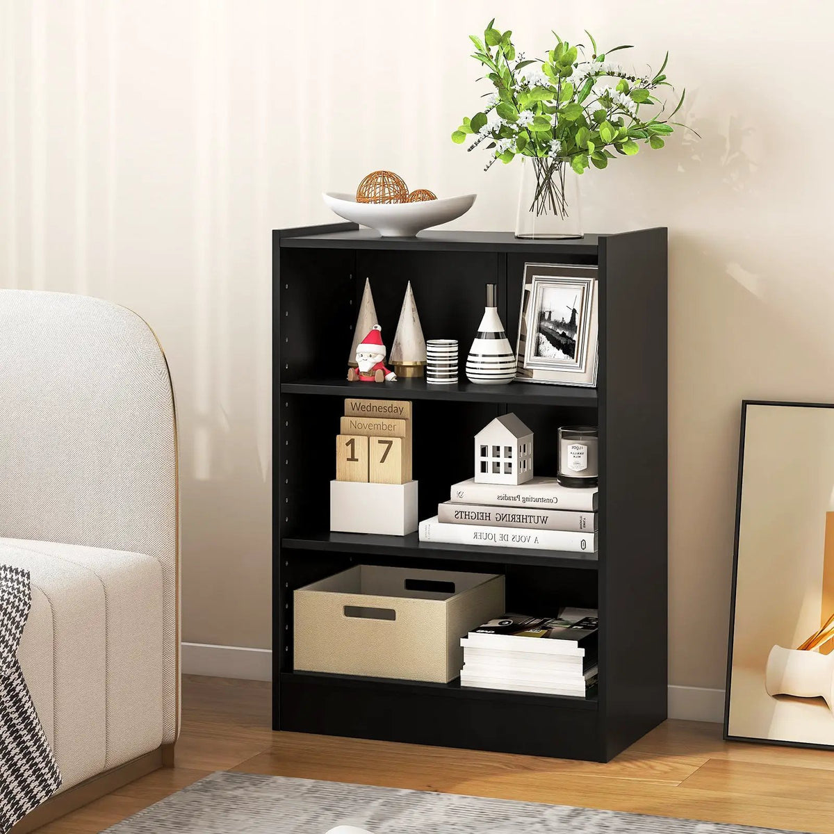 3-Tier Bookcase Open Display Rack Cabinet with Adjustable Shelves