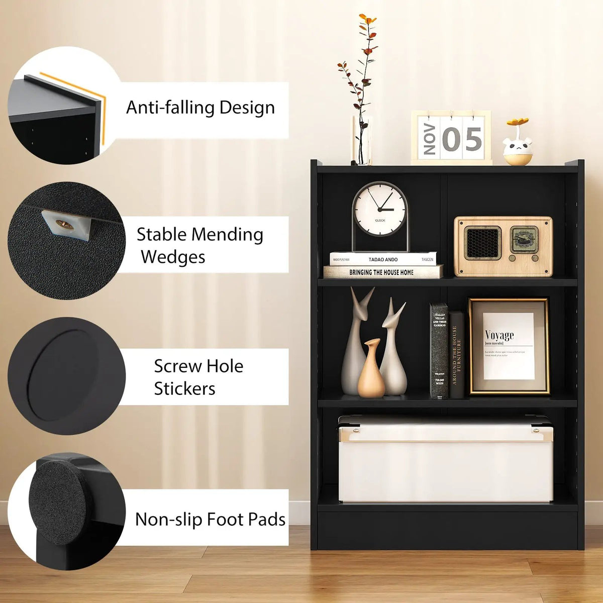 3-Tier Bookcase Open Display Rack Cabinet with Adjustable Shelves, photo 7 of 10