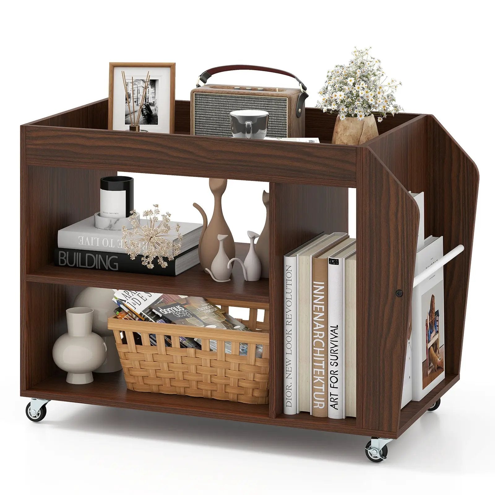 3-Tier Side End Table with Universal Wheels-Walnut by DirectDeals