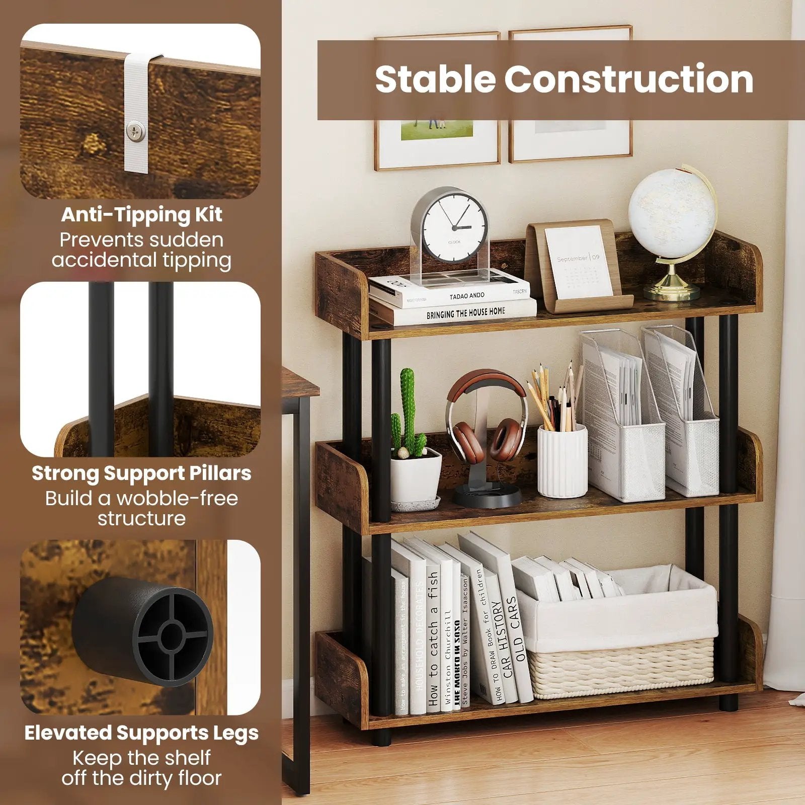 3-Tier Bookshelf with Anti-Tipping Kit and Industrial Storage Unit for Living Room by DirectDeals